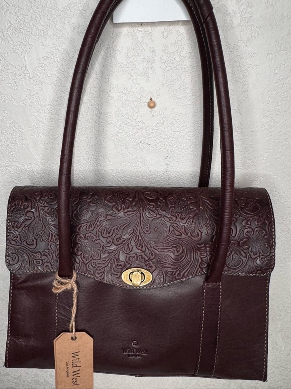 Wild West Dark cherry brown Hand tooled floral leather,turn lock,gold,plaid